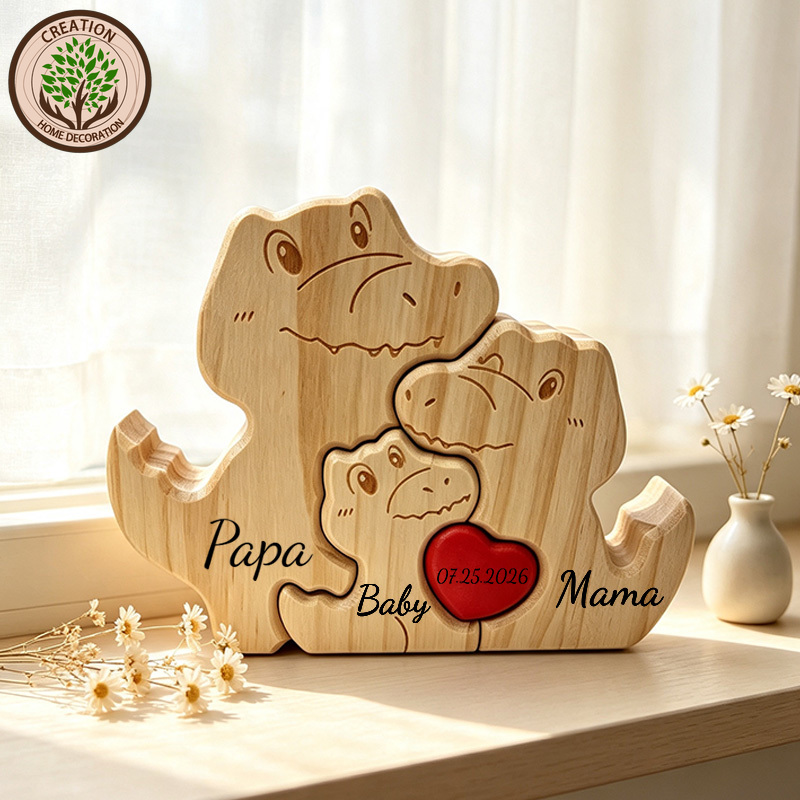 Desktop Laser Engraver - Personalisiertes, handgefertigtes Holzpuzzle mit Dinosaurier-Familienmotiv, lasergraviert,